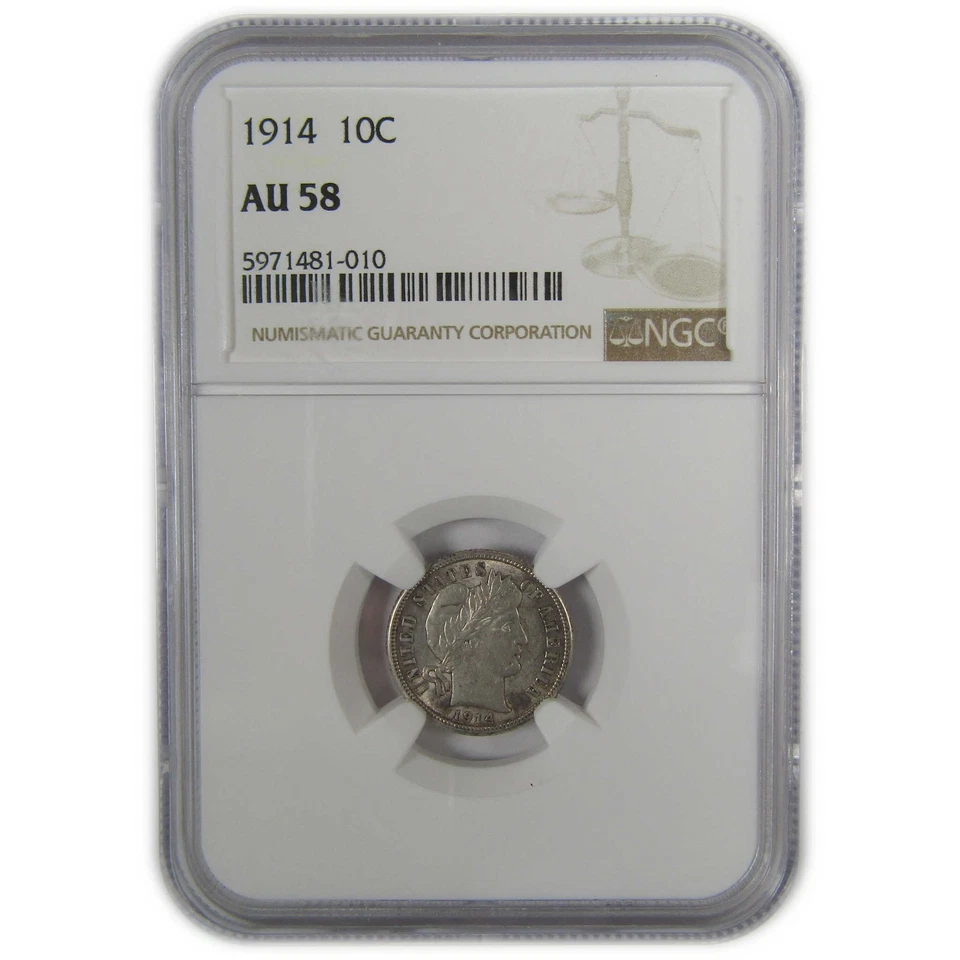 1914 Barber Dime AU 58 NGC Silver 10c Coin SKU:I22555 - Image 1 of 4