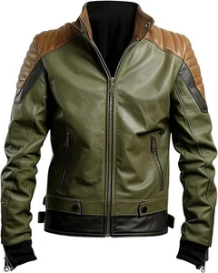 Havock olivgrüne Biker Lederjacke - Retro Moto Style mit Steppdesign - Bild 1 von 3
