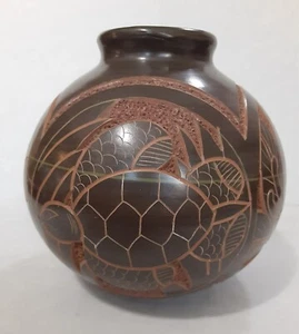 Vintage Carved Clay Pottery Vase 6" Turtle Butterfly Fish Bird - Picture 1 of 6