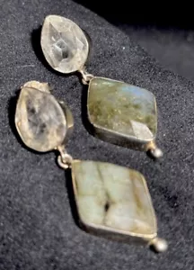 Vintage 925 Sterling Silver Natural Labradorite Quartz Drop Earrings India - Picture 1 of 4
