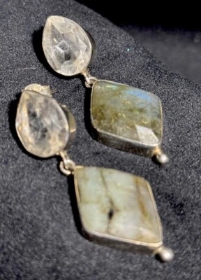 Vintage 925 Sterling Silver Natural Labradorite Quartz Drop Earrings India - Image 1 of 4