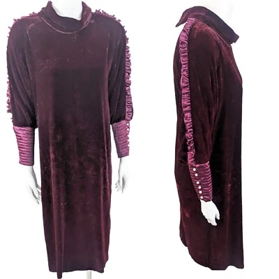Vintage Velvet Long Sleeve Dress Womens Large Burgundy Edwardian Witchy 70s 80s - Image 1 of 4