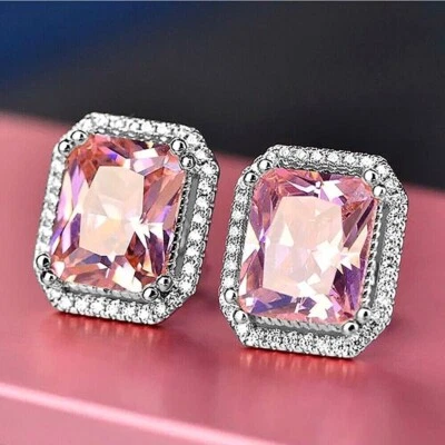 4.2Ct Emerald Cut Lab Created Pink Sapphire Stud Earring 14k White Gold Plated - Image 1 of 4