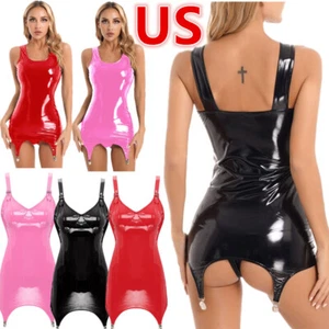 US Woman's Patent Leather Short Dress Garter Lingerie Wet Look Club Party - Bild 1 von 71