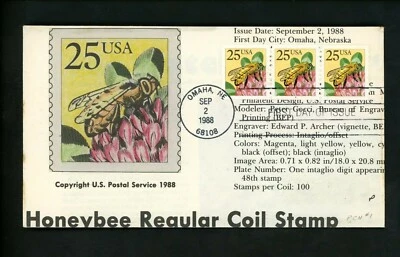 Ranto Cachet US FDC #2281 Honeybee Plate #1 Coil Strip insects 1988 - Image 1 of 2