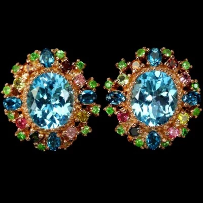 REAL  SWISS BLUE TOPAZ TOURMALINE & TSAVORITE GARNET STERLING 925 SILVER EARRING - Image 1 of 4