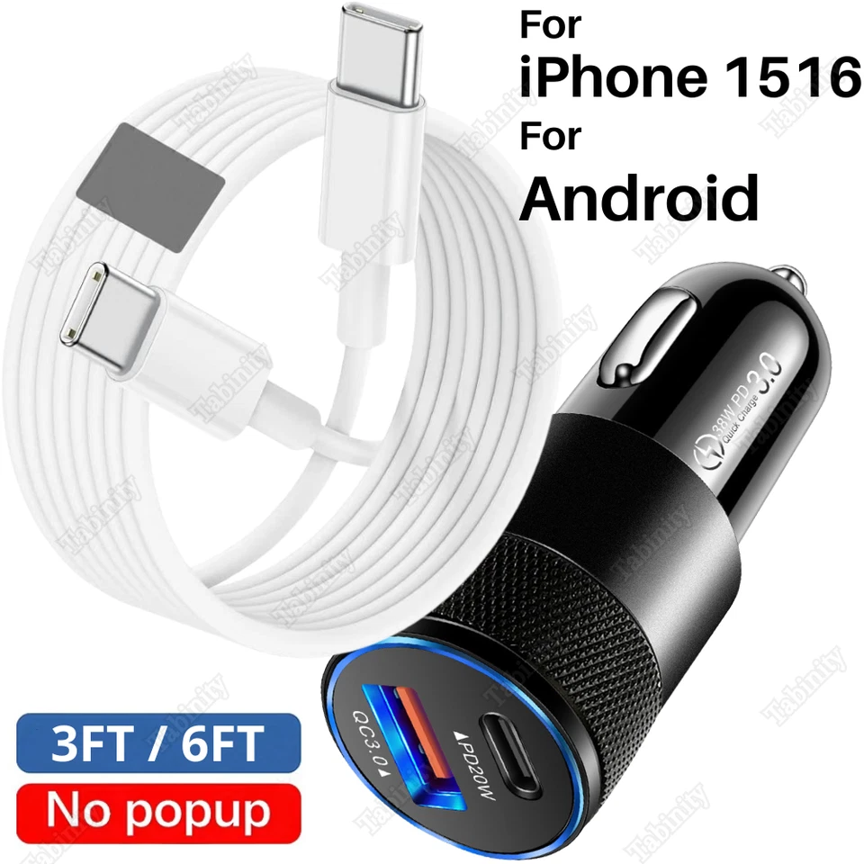For iPhone 15 16 iPad Pro Android USB C Type C Fast Charger Cord 38W Car Adapter - Image 1 of 4