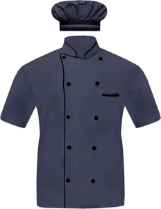 Men Chef Jacket Half Sleeves, 10 attractive Colors With Black Piping, Free Cap - Picture 1 of 44