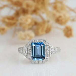 Art Deco 2.20CT Emerald London Blue Topaz & Round CZ Women's Wedding Unique Ring