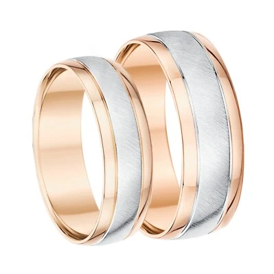 His & Hers Set Two Colour Wedding Bands 9ct Rose & White Gold 6&7mm Court Shaped - Image 1 of 4