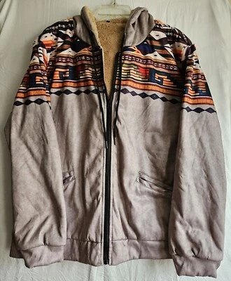 Chaqueta Estampado Tribal Suave Con Capucha Para Hombre XL Sherpa Forrada Bolsillos Cremallera Completa Usada en Excelente Condición Foto 1 de 4