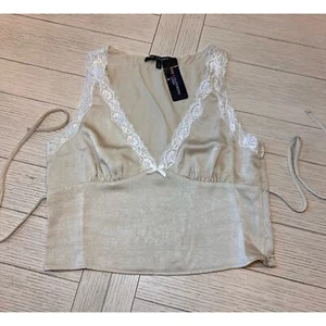 NWT One Clothing LA beige camisole top w/ lace trim, side zip close. Sz L - Picture 1 of 8