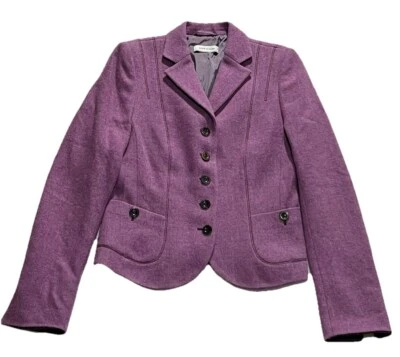 Rene Lezard 女式 6 码小号紫色羊毛斜纹西装外套补丁口袋纽扣 — 第 1/4 张图片