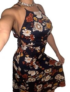 Lulus Dress Sz S Womens Navy Blue Floral Print Cutout Tie Sides Midi Halter Zip - Picture 1 of 6