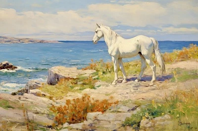 Pintura al óleo original occidental pintada a mano-36x24” caballo blanco junto al mar, firmada Foto 1 de 3