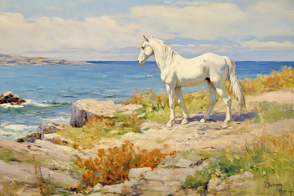 Pintura al óleo original occidental pintada a mano-36x24” caballo blanco junto al mar, firmada Foto 1 de 3