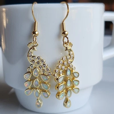925 Sterling Silver Natural Opal Peacock 2'' Earrings Yellow Gold-Plated - Image 1 of 4