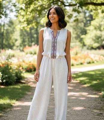 Antiguo Mono Boho Azul Marino Pierna Ancha Blanco Azul Rayas Bordado Relajado Bohemio  Foto 1 de 4