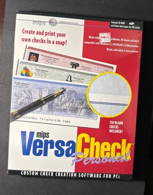 Software de creación de cheques personalizados personales Mips VersaCheck disquete de 3,5" con 150 en blanco Foto 1 de 4
