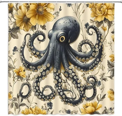 Vintage Octopus Shower Curtain Nautical Retro Floral Kraken Funny Ocean Aestheti - Image 1 of 4