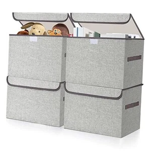 Linen Fabric Foldable Storage Cube Bin Organizer Basket with Flip-Top Lid & - Picture 1 of 7