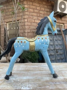 Antique Old Wooden Hand Carved Painting Beautiful Blue Walking  Horse Figure - Picture 1 of 13