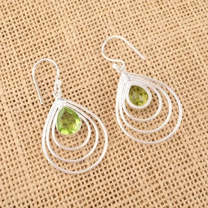 Green Peridot Gemstone Dangle Earring 925 Sterling Silver Handmade Jewelry Gift - Picture 1 of 5