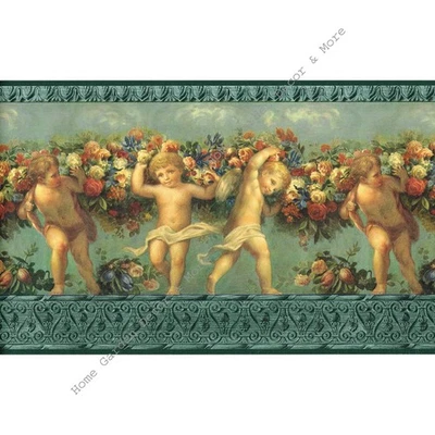 Papel de parede antigo vitoriano arquitetônico moldagem anjo querubim rosa borda verde - Imagem 1 de 4