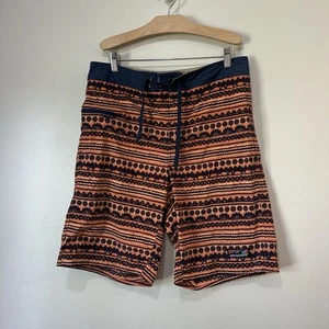 Patagonia Men’s Sz 33 Orange/Navy Blue Aztec Print Wavefarer Boardshorts - Picture 1 of 13