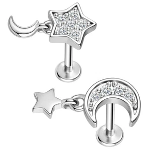 1 Pc Stainless Steel Star Moon Labret Lip Rings CZ Tragus Helix Piercing Jewelry - Picture 1 of 18