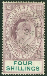 SG 63 Gibraltar 1904-08. 4/- morado profundo y verde. Muy bien usado con un... - Imagen 1 de 1