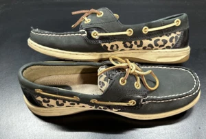 Sperry Top Sider Women Black Cheetah Boat Shoe Size 8M Pre Owned - Picture 1 of 6