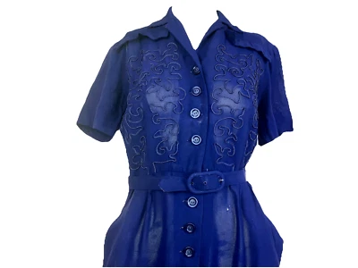 Винтажный 30-х 40-х годов Soutache темно-crêpe день платье карманы заостренный цвет - Изображение 1 из 4