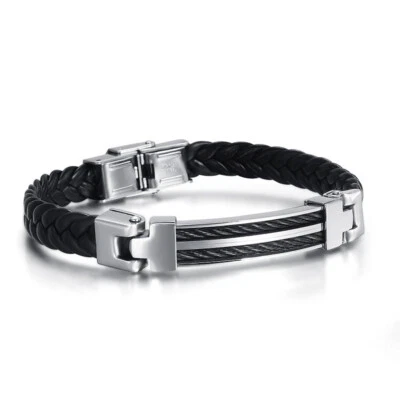 Wire Rope Braided Bracelet Black Titanium Steel Fashion Men's Leather Jewelry - Image 1 of 4