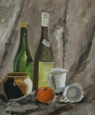 Hermosas botellas de vino originales de bodegón al óleo sobre lienzo naranja firmadas por K. Young Foto 1 de 4