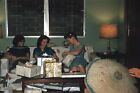 1950s Young Woman Opening Gifts on Couch Friends Vintage 35mm Red Border Slide