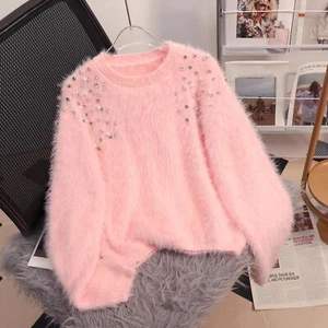 Suéter Top tejido mangas largas cuello redondo imitación piel pedrería para mujer - Imagen 1 de 6