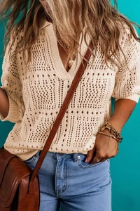 Loretta Turn-down Collar Hollowed Knit Short Sleeve Top - Picture 1 of 4