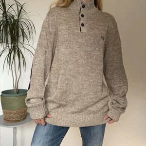 Men’s Chaps beige/brown chunky knit henley button jumper elbow patches M #609 - Picture 1 of 8