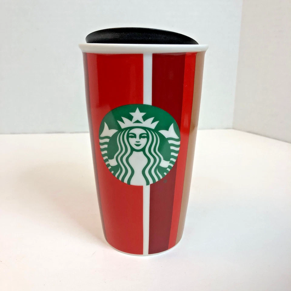 Starbucks 2018 Ceramic Tumbler Red Stripe Double Wall Traveler 12oz Cup X 6
