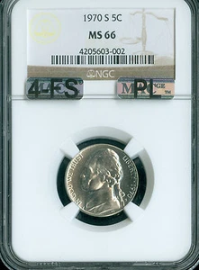 1970 S JEFFERSON NICKEL NGC MS66 MAC 4FS PL 2ND FINEST GRADE $3,500 IN FS . - Picture 1 of 4