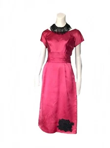 vintage 1950s pink satin black floral lace wiggle dress / Mid Century - Picture 1 of 9