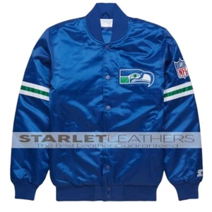 NFL Seattle Seahawks Blue Satin Bomber Style Letterman Full snap Varsity Jacket| - Picture 1 of 5