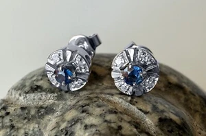 Ohrstecker Ohrringe 8 Diamanten Brillianten Saphir 585 Weißgold 14K Vintage - Bild 1 von 8