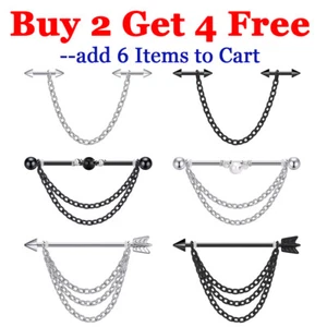 2PCS Chain Industrial Barbell Earrings 316L Steel Dangle Cartilage Piercing 14G - Picture 1 of 13