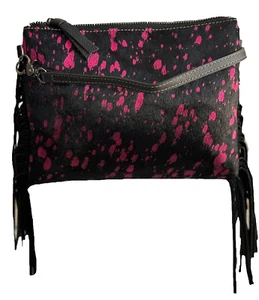 Cowgirl leather fringe cross body western hair shopper purse hot pink black - Picture 1 of 7