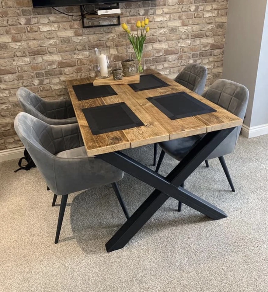 X Frame Cross Leg Dining Table Sets Bench Steel and Reclaimed Wood Industrial - Image 1 of 4