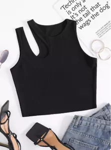 Womens Y2K Ribbed Tank Top Sleeveless O-Neck Vintage Summer Crop Vest - Picture 1 of 4