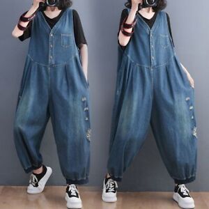 Women Baggy Denim Overalls Distressed Jumpsuit Jeans Trousers Pants Casual