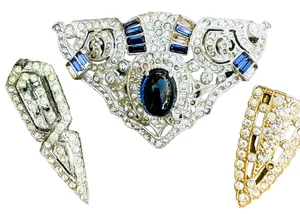 Menge 3 antike Kristall Pavé Vintage Art Deco Pelz Kleid Clips fehlen Strasssteine - Bild 1 von 14